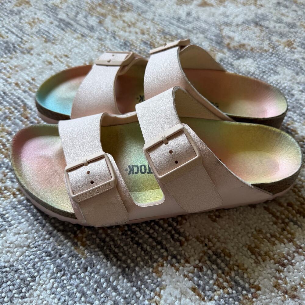 Birkenstock Arizona Vegan Birkibuc Light Rose Pink Rainbow Sandals Size 39